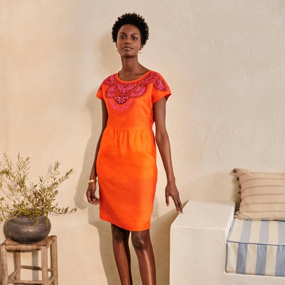NTW Boden - Orange/Satsuma Fleur Embroidered Linen Dress - Size 10 R